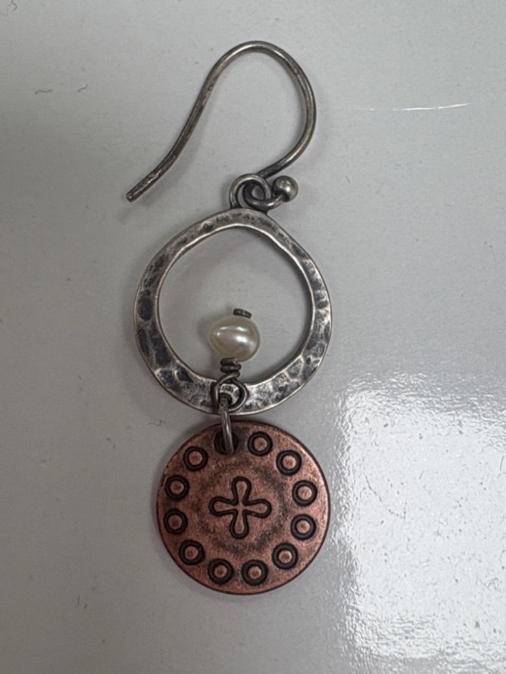 Silpada W1577 Silver Hoop Earring with Pearl and Copper Medallion